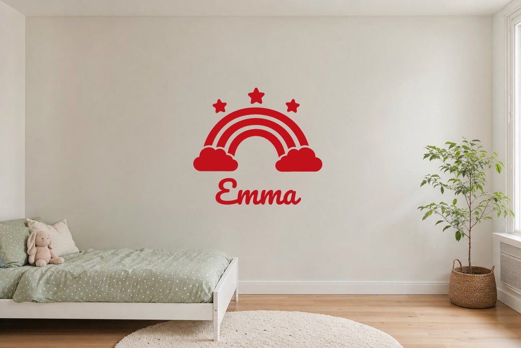 Wandtattoo Name mit Regenbogen fürs Kinderzimmer in Rot an der Wand