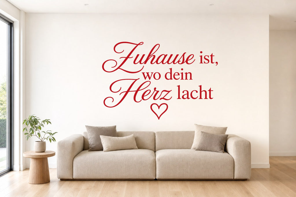 Wandtattoo „Zuhause ist, wo dein Herz lacht“ in Rot an der Wand