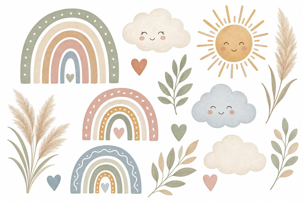 Wandsticker-Set Boho Regenbogen fürs Kinderzimmer, alle Motive