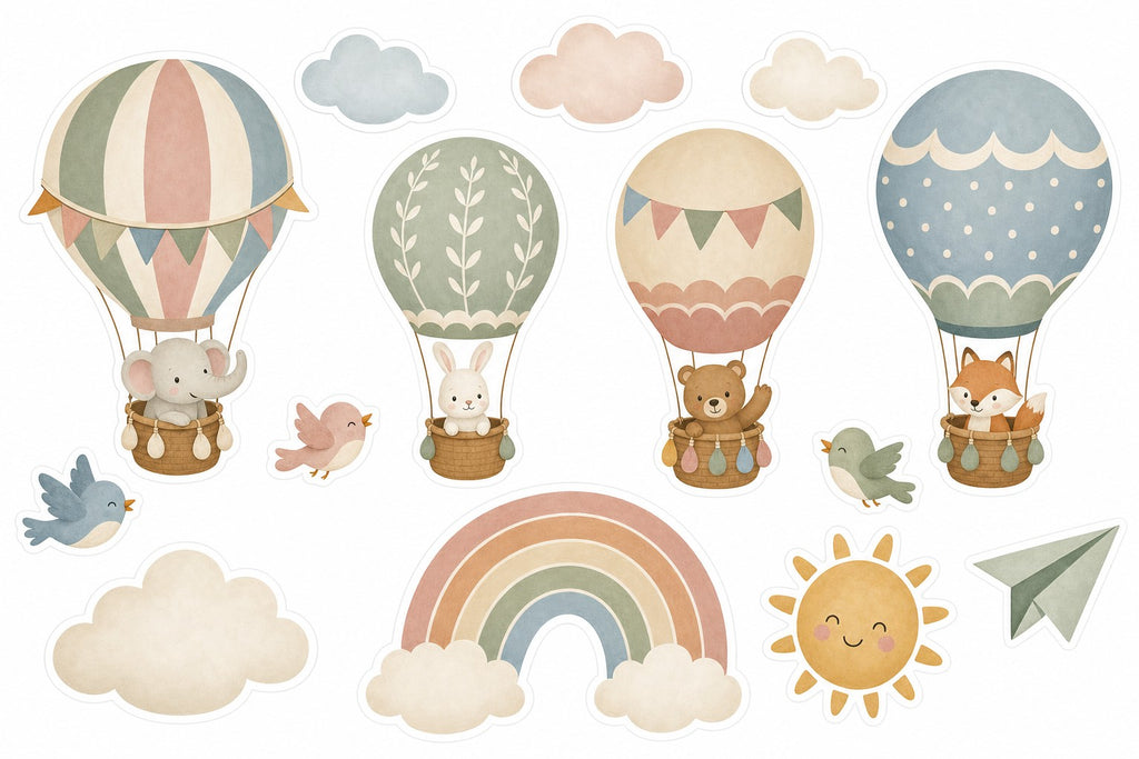 Wandsticker-Set Heißluftballons fürs Kinderzimmer mit Tieren, alle Motive