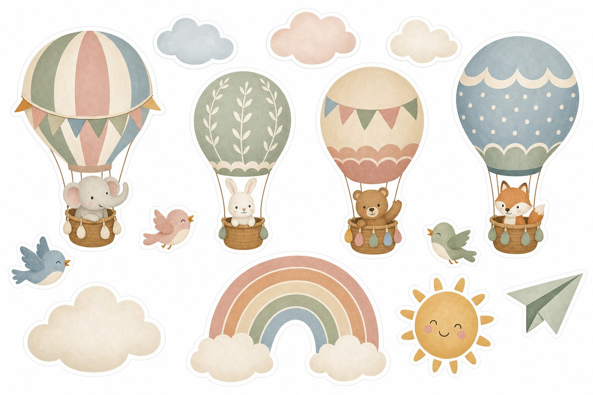 Wandsticker-Set Heißluftballons fürs Kinderzimmer mit Tieren, alle Motive