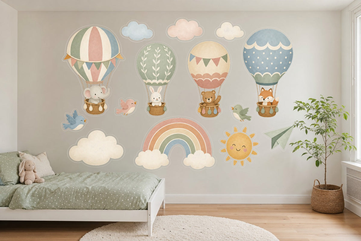 Wandsticker-Set Heißluftballons fürs Kinderzimmer mit Tieren an der Wand