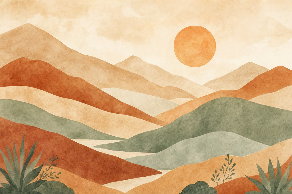 Fototapete Boho Berge mit Sonne, Motiv