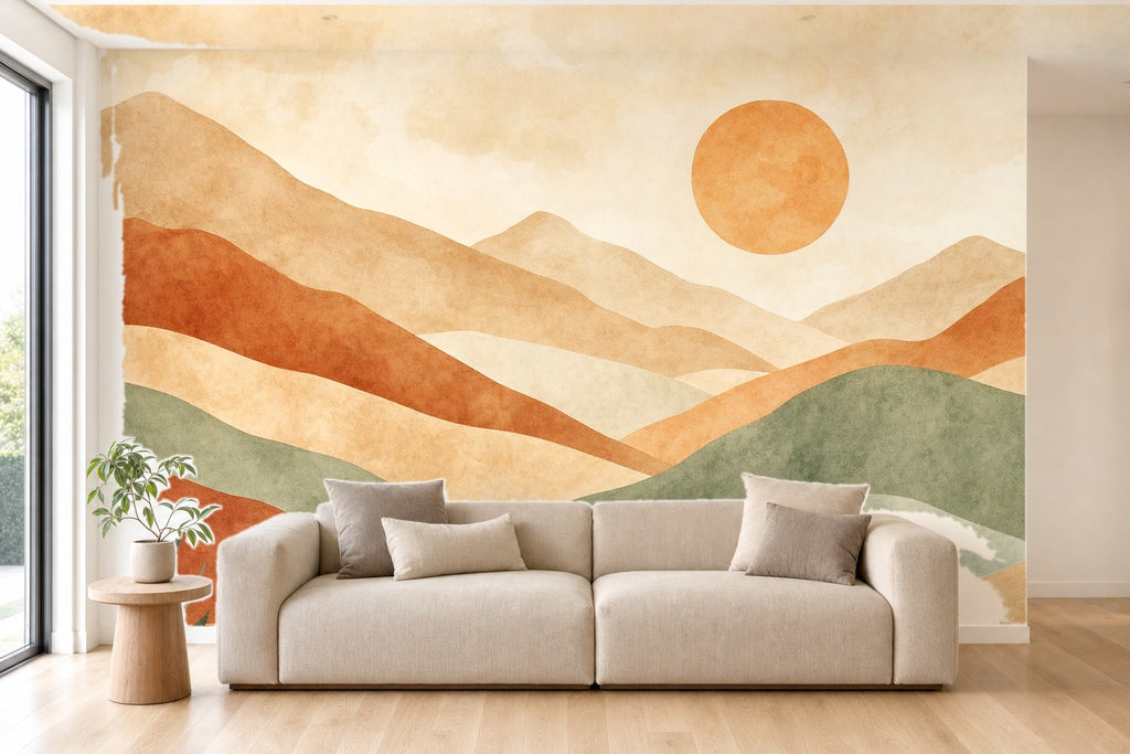 Fototapete Boho Berge mit Sonne im Wohnzimmer