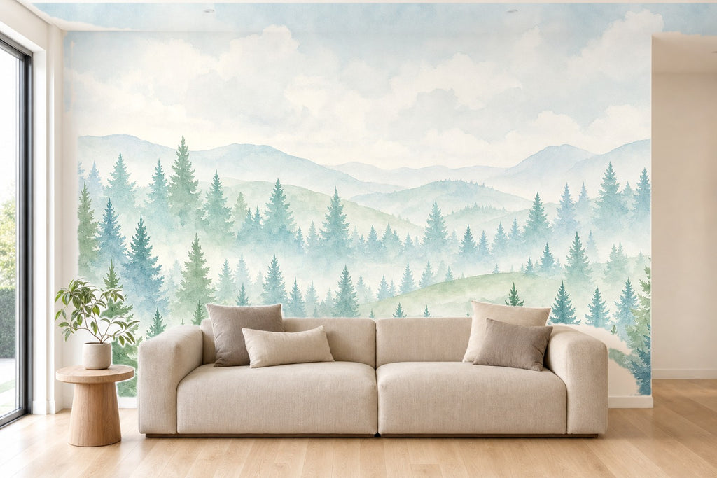 Fototapete Tannenwald Aquarell im Wohnzimmer