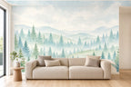 Fototapete Tannenwald Aquarell im Wohnzimmer
