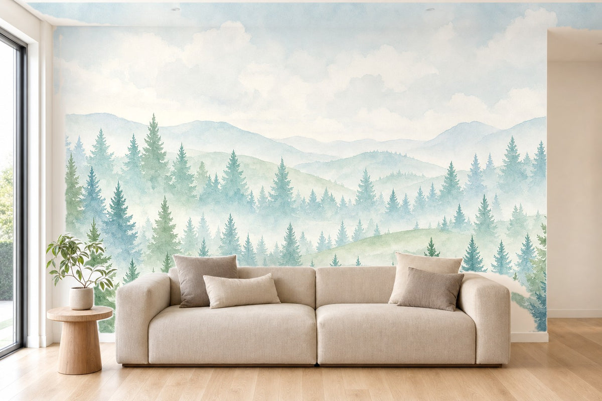 Fototapete Tannenwald Aquarell im Wohnzimmer